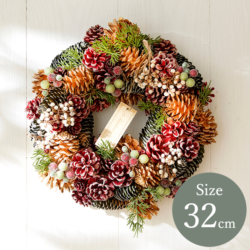 クリスマスリース 直径32cm Gold, Green, Burgundy Wreath M