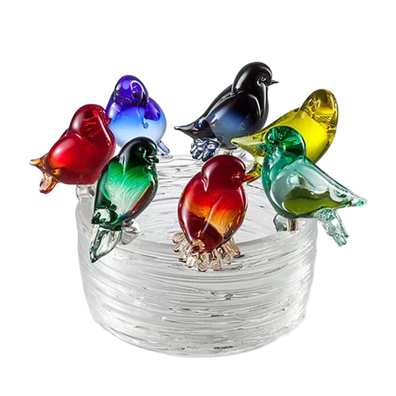 イタリア製 ザネッティ カラフルな小鳥7羽の巣 AZ19 / Zanetti Murano