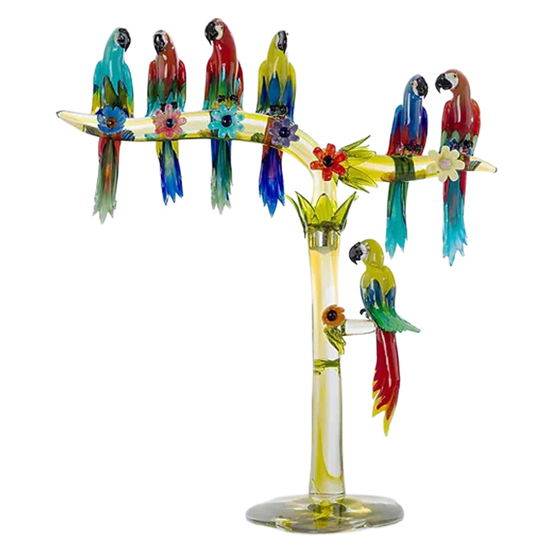 イタリア製 ザネッティ カラフルなオウム7羽の横枝飾り AZ57 / Zanetti Murano
