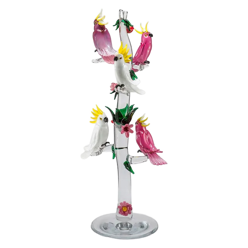 イタリア製 ザネッティ 白とピンクのオウム5羽の縦枝飾り(透明樹) AZ58-M-C / Zanetti Murano