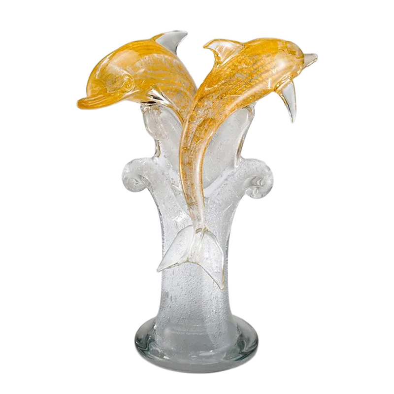 イタリア製 ザネッティ 大型金色イルカ2匹(クリスタル波台座) AZ72 / Zanetti Murano