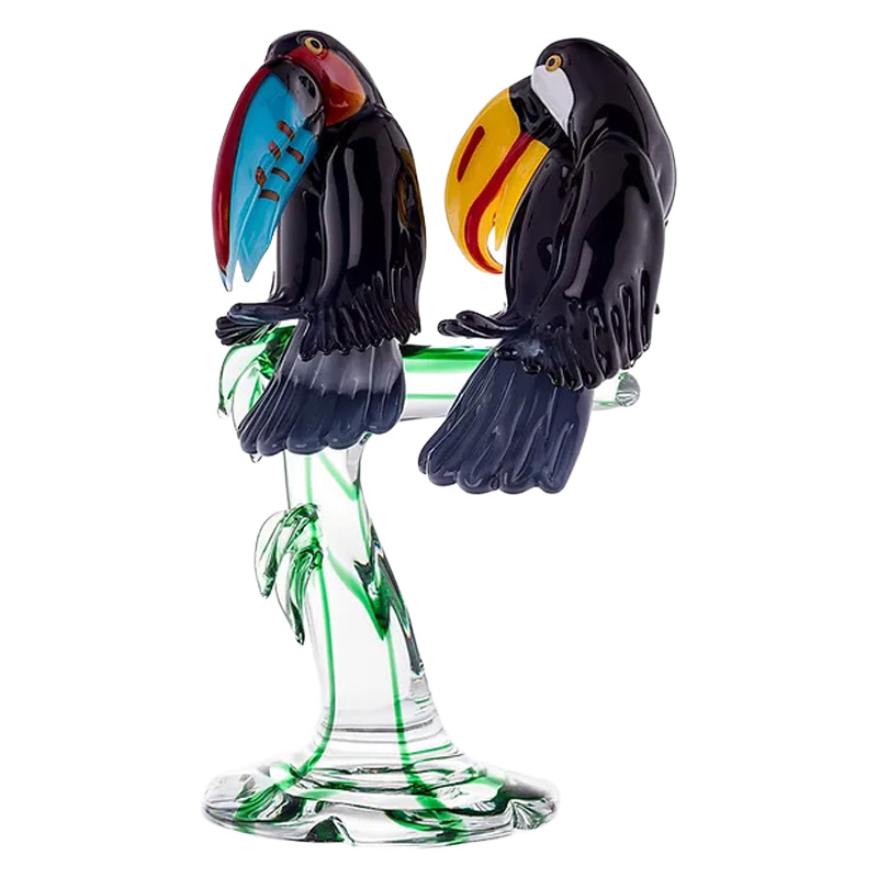 イタリア製 ザネッティ カラフルなオオハシ2羽(クリスタルと緑の枝) AZ8-T / Zanetti Murano