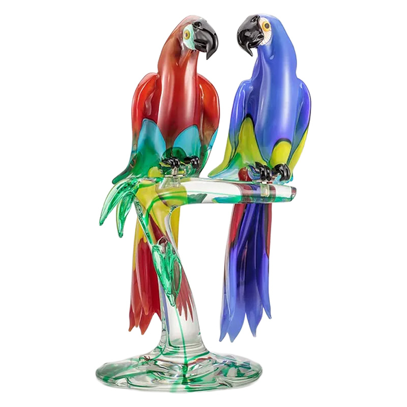 イタリア製 ザネッティ カラフルなコンゴウインコ2羽(クリスタルと緑の枝) AZ8 / Zanetti Murano