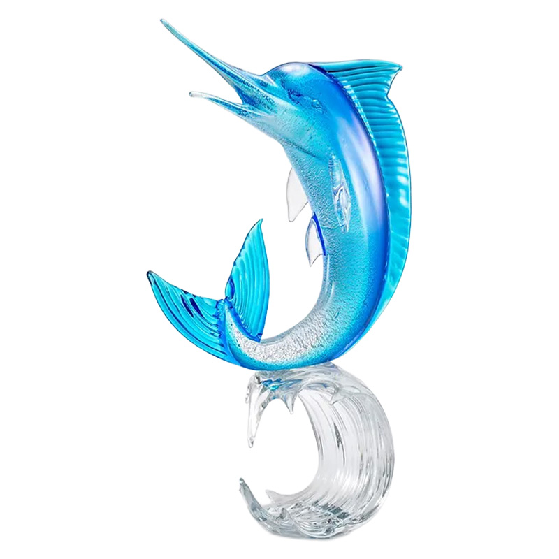 イタリア製 ザネッティ アクアマリン×シルバーの大型カジキ像(波台座) DN-M-A / Zanetti Murano