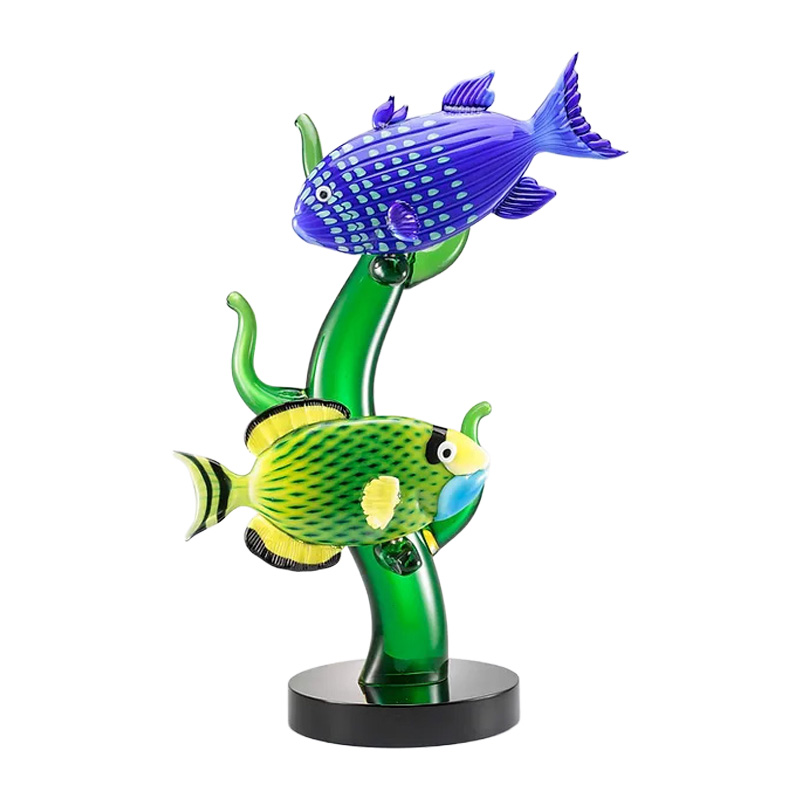 イタリア製 ザネッティ 緑色海藻と魚2匹(青緑＆黄緑彩色) ZM4013-B / Zanetti Murano
