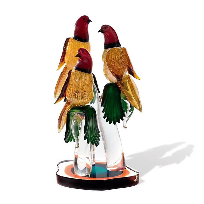 イタリア製 ザネッティ 金赤のハト3羽(枝と吹きガラス台座) ZV1012 / Zanetti Murano