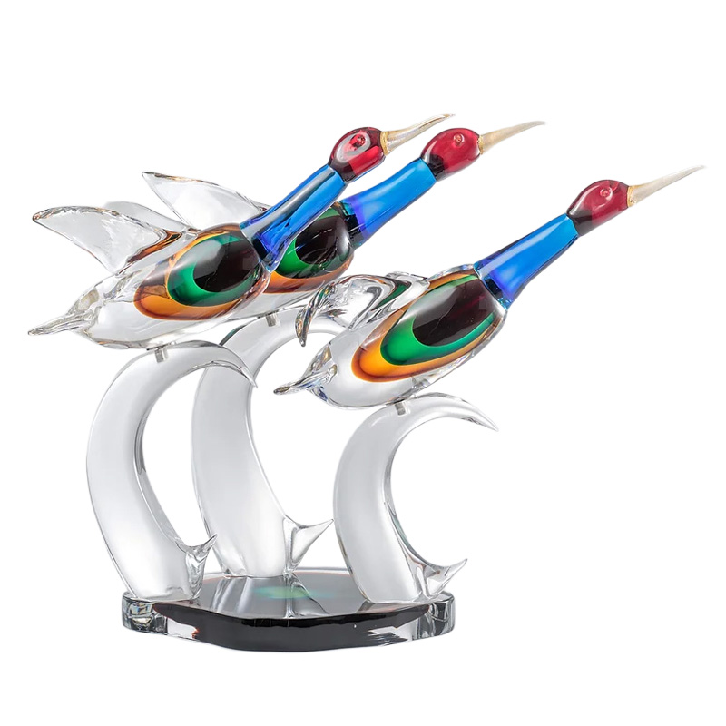 イタリア製 ザネッティ 吹きガラス彩色ガチョウ3羽(飛翔/ガラス台座) ZV1025 / Zanetti Murano