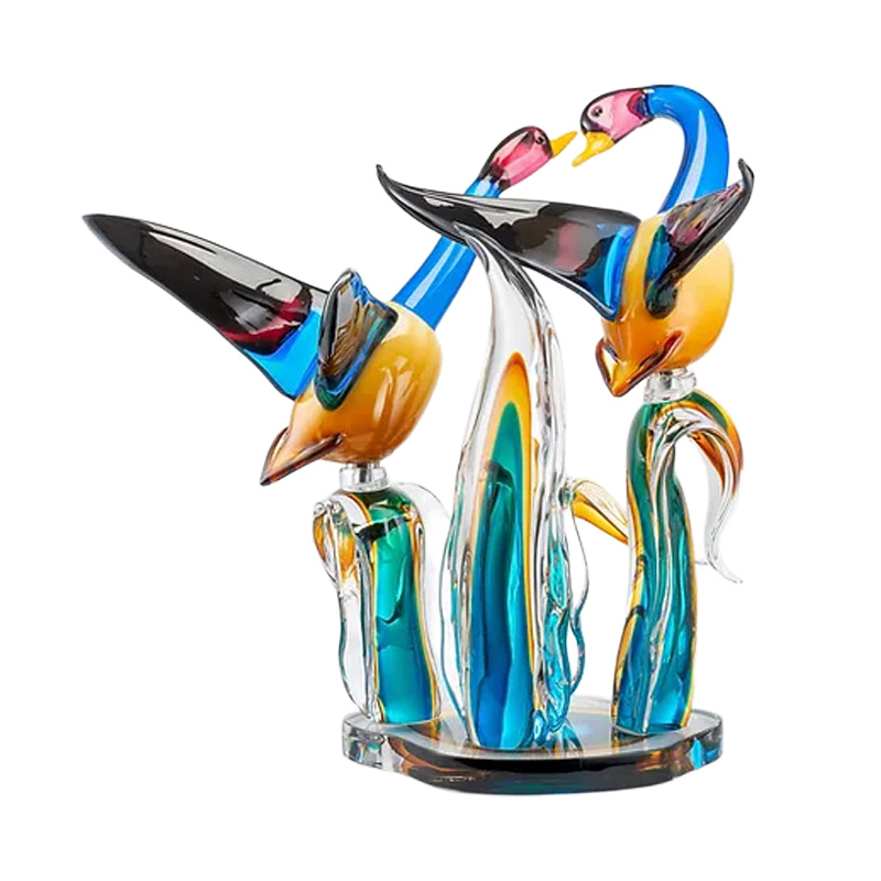 イタリア製 ザネッティ 白青赤のガチョウ2羽(葉付き台座) ZV1053 / Zanetti Murano