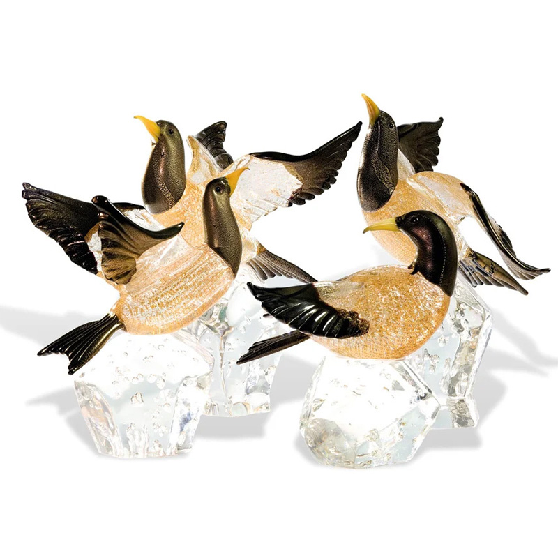 イタリア製 ザネッティ 金黒ツバメの群れ(クリスタル台座) ZV1085 / Zanetti Murano