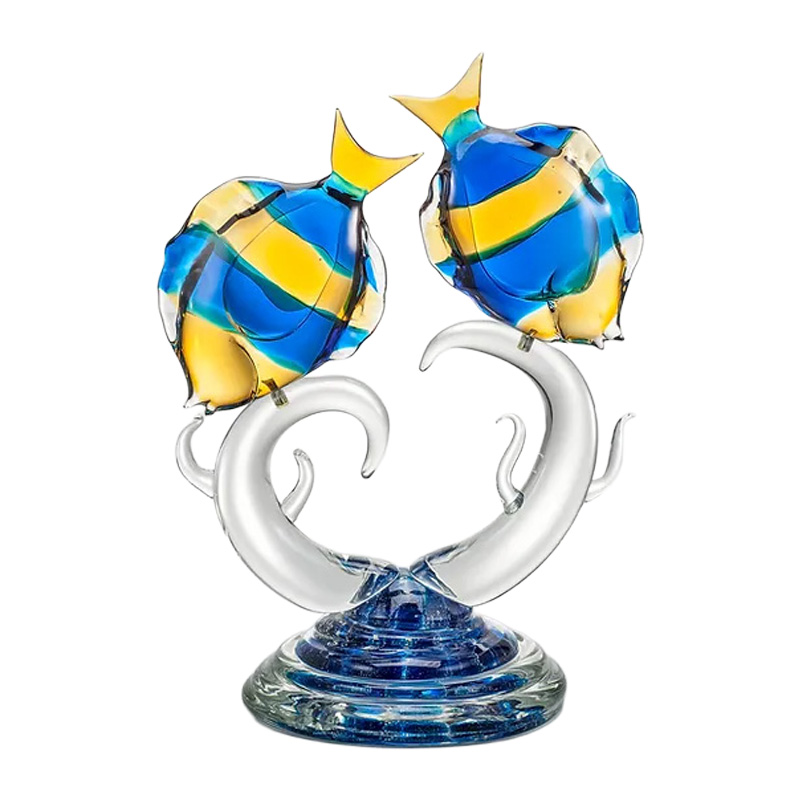 イタリア製 ザネッティ 琥珀×アクアマリン ヒラメ像ペア(クリスタル＆青台座) ZV1176 / Zanetti Murano