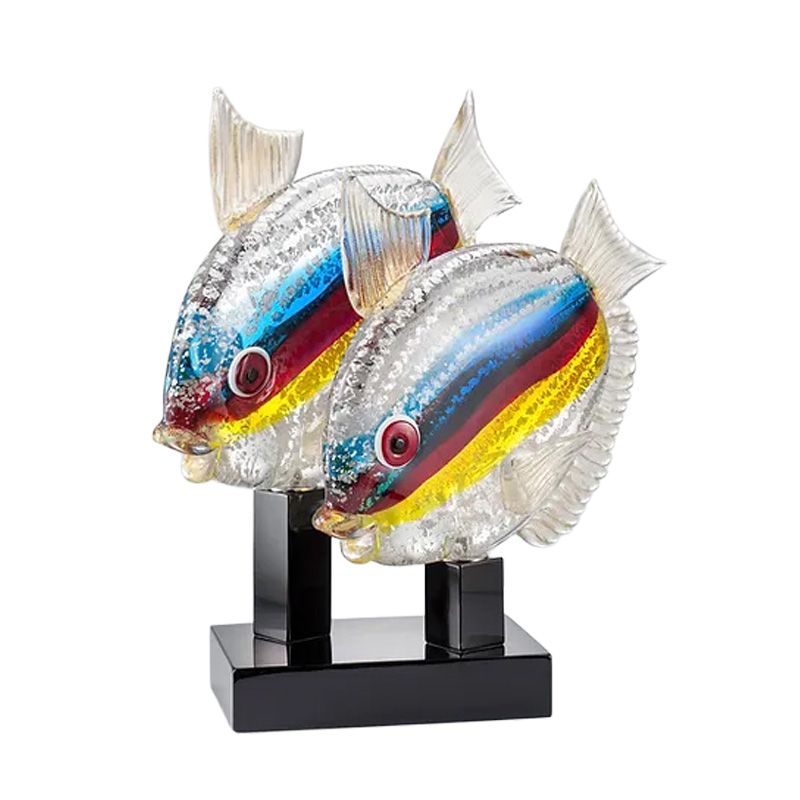 イタリア製 ザネッティ カラフル銀製ヒラメ像ペア(黒ガラス台座) ZV1178-BI / Zanetti Murano