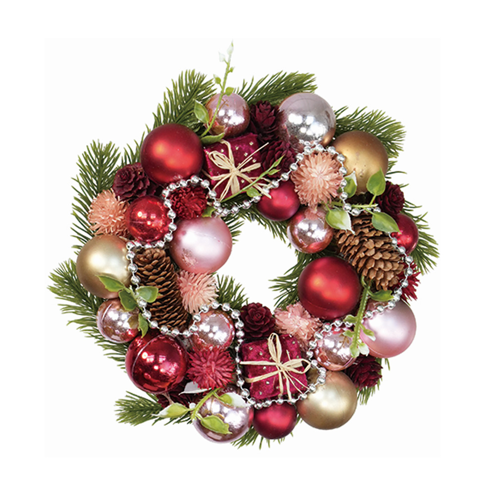 クリスマス リース ビーズチェーン ピンク&レッド Sサイズ 直径25cm