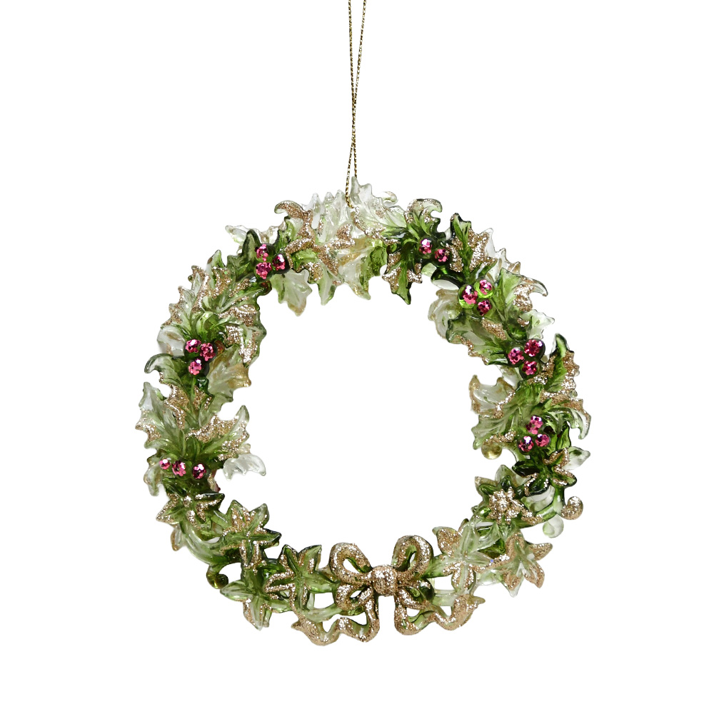 クリスマス オーナメント ミニリース クリア グリーンリーフ×ピンク 直径13cm / ハルモニア